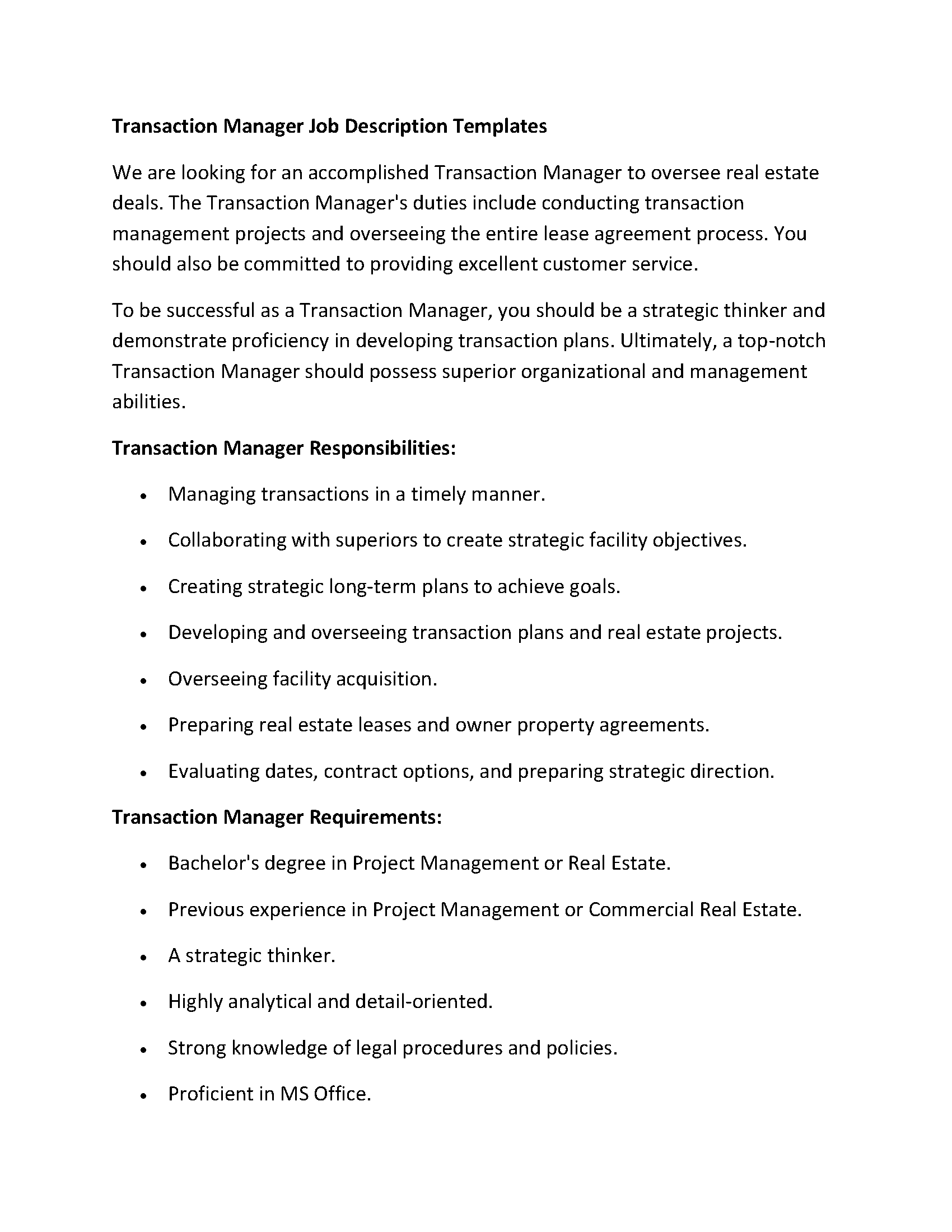 Transaction Manager Job Description Templates